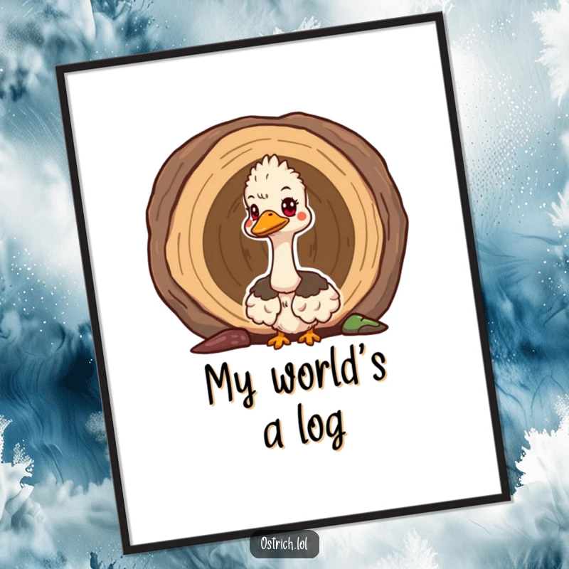 Funny cute ostrich peeking out of a hollow log on a poster, a curious and intriguing piece of wall art.