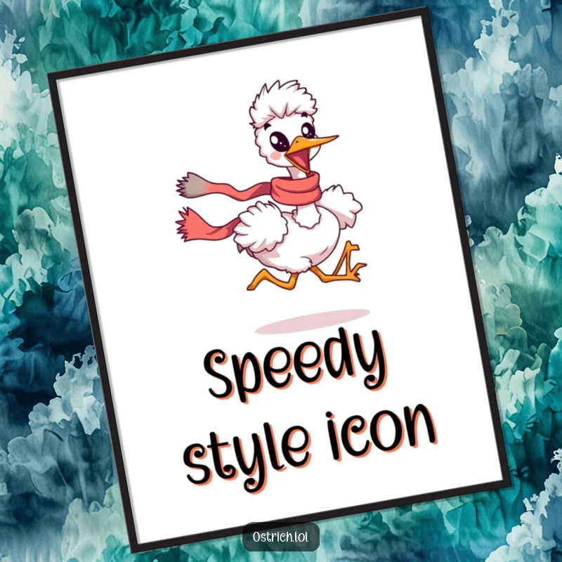 Funny ostrich running with a scarf flowing on a poster, a dynamic and humorous wall art funny gift.