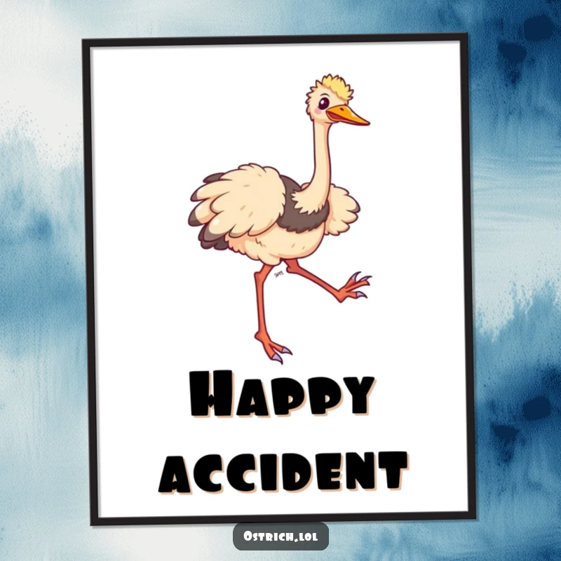 Funny ostrich poster showing a comical character tripping and flailing its long legs happily, perfect wall decor.