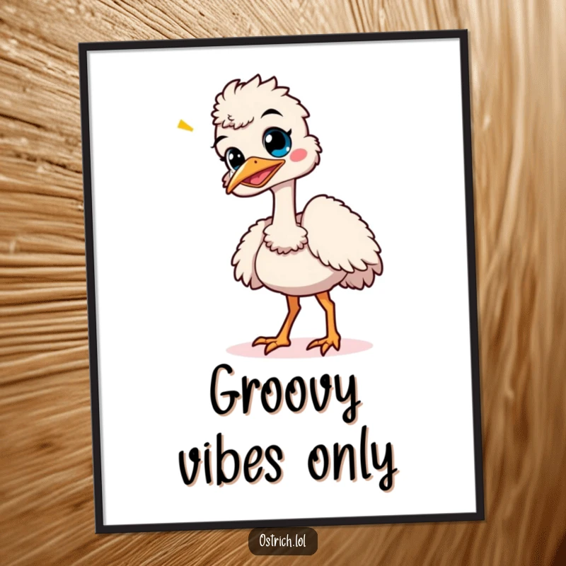 Funny, giggling ostrich doing a silly, wobbly dance, presented as humorous and joyful wall art.