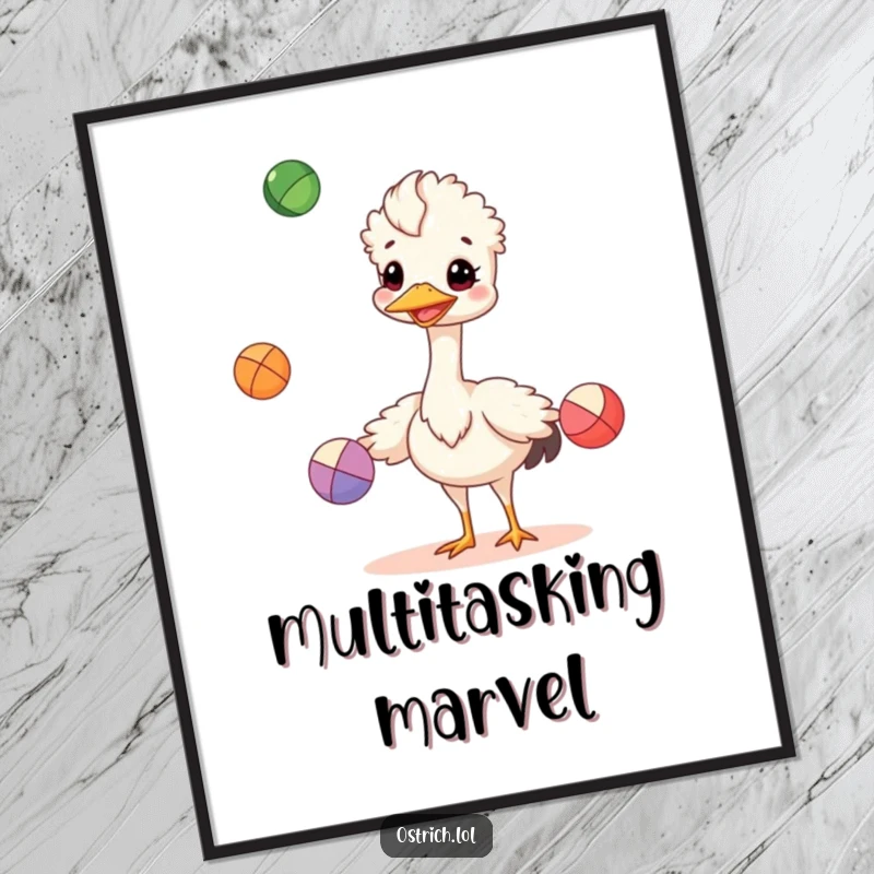 Funny cheerful ostrich juggling colorful balls on a poster, a vibrant and humorous wall art funny gift.