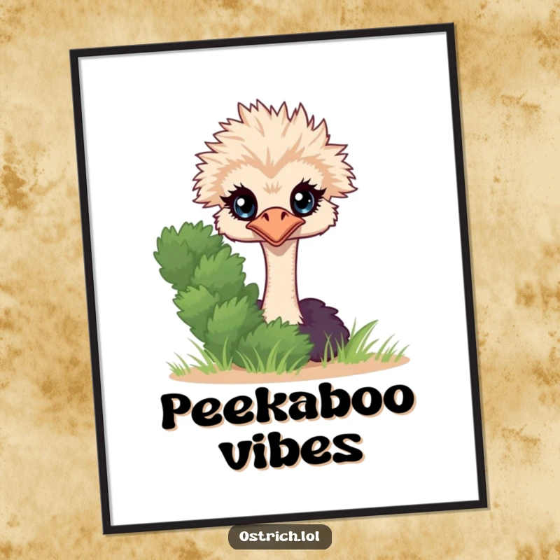 Funny Ostrich Peeking Poster featuring a shy character peeking from behind a lush green bush, inviting discovery.
