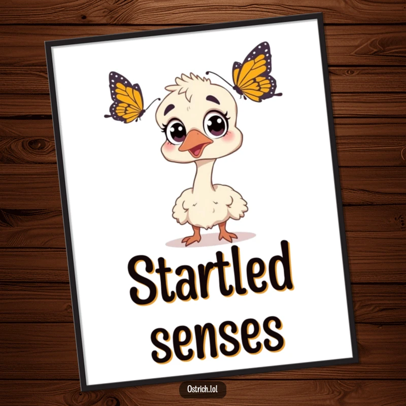 Funny ostrich illustration, wide-eyed and startled by a butterfly, presented as a humorous art print, suitable for wall decor, great gift.