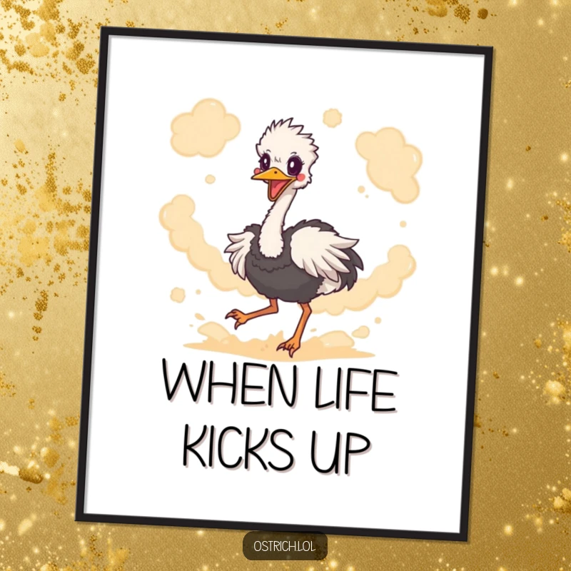 Funny ostrich character in mid-air, kicking up a storm of dust, printed as funny poster art, full of energetic humor.