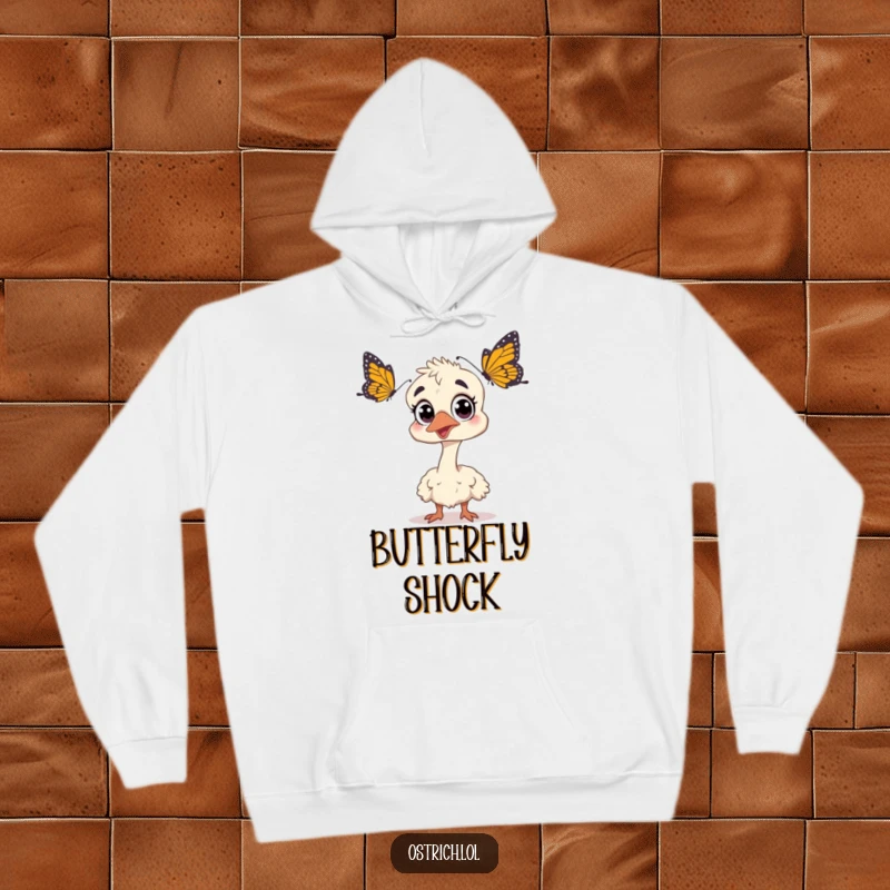 Funny ostrich, wide-eyed and startled by a butterfly, featured on a cozy hoodie, offering warmth and a humorous visual, great gift.