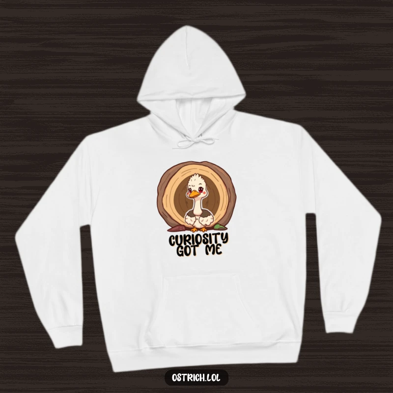 Funny cute ostrich peeking out of a hollow log on a warm hoodie, a cozy and curious design for everyday wear.