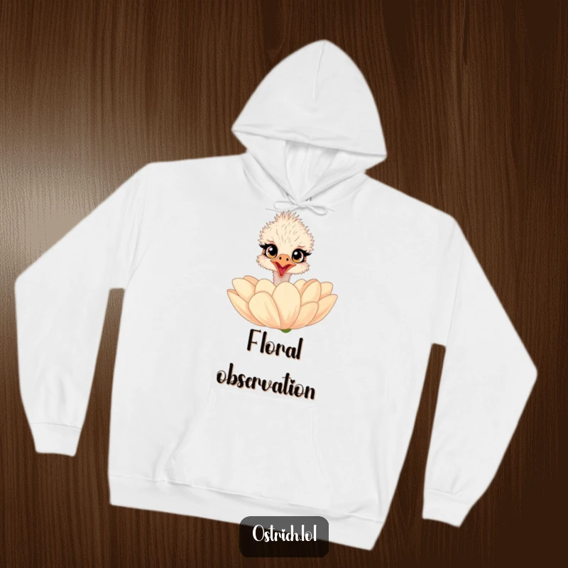 Funny ostrich hoodie with a surprised character with wide eyes peeking over a giant flower, offering cozy charm.