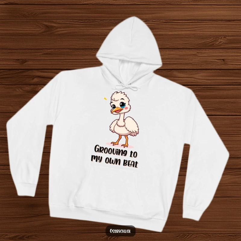 Funny ostrich giggling and doing a comical, wobbly dance, featured on a cozy and humorous hoodie.