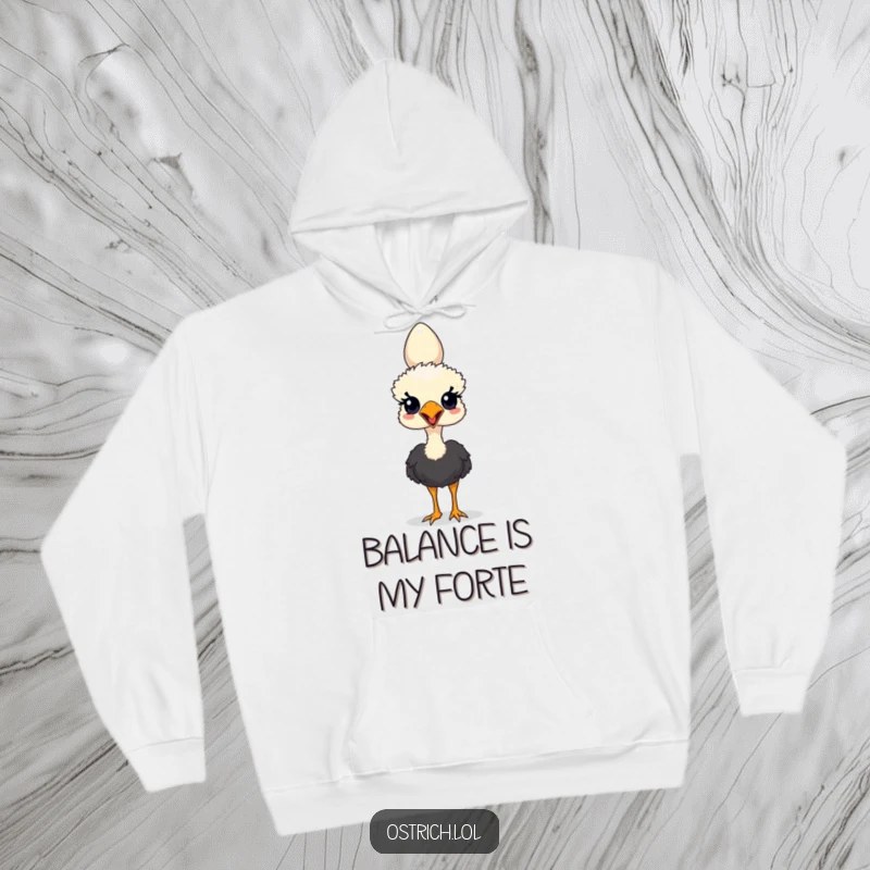 Funny hoodie featuring a determined ostrich character showcasing incredible balance by holding an egg on its head.