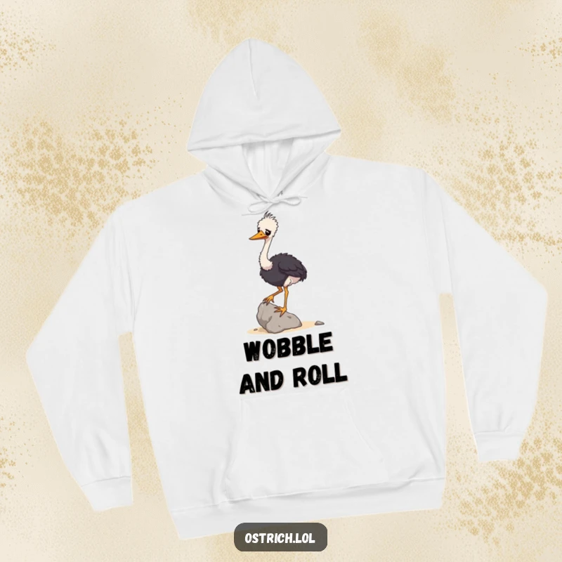 Funny hoodie depicting a wobbly ostrich character attempting to balance a small rock, creating a humorous and endearing visual.
