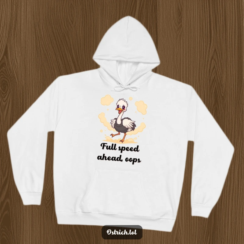 Funny ostrich character kicking up dust clouds, depicted on a cozy hoodie, embodying pure, hilarious, unrestrained avian energy.