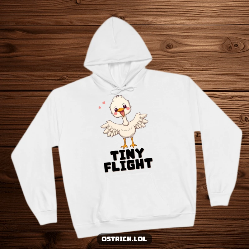 Funny hoodie showcasing a joyful ostrich character flapping its tiny wings with pure, unadulterated excitement.