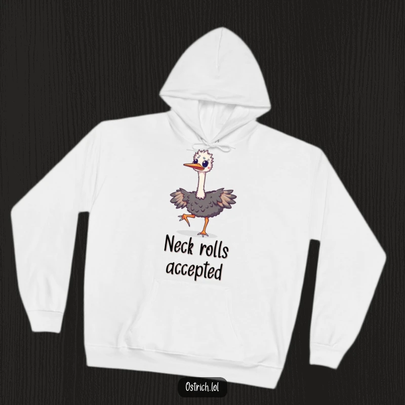 Funny ostrich hoodie depicting an overjoyed bird doing a happy jig, its long neck adding to the animated and cheerful movement.