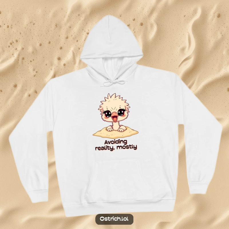 Funny ostrich with its head buried deep in sand, eyes peeking out surprisingly, featured on a comfortable and humorous hoodie.