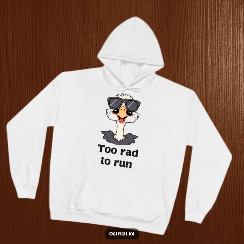 Funny ostrich hoodie showcasing a bird sporting oversized sunglasses and a massive grin, perfect for staying warm and looking cool.