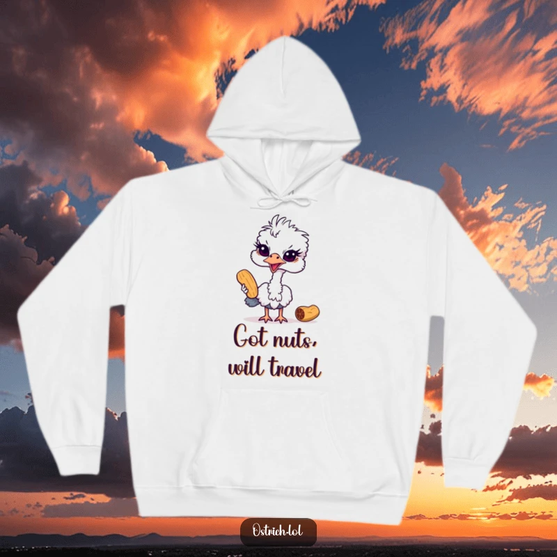 Funny ostrich hoodie featuring a mischievous bird intently focused on stealing a peanut, designed for warmth and humorous appeal.