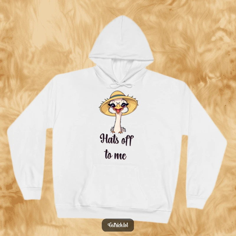 Funny ostrich wearing a comically large sun hat, squinting happily on a warm hoodie, perfect for cozy, cheerful days.