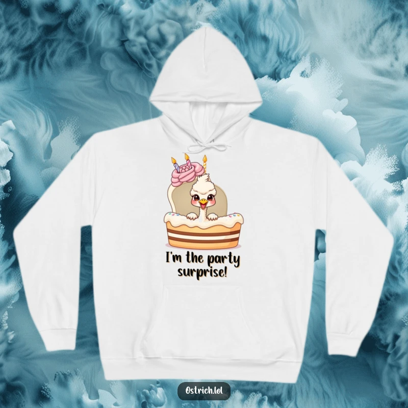 Funny ostrich popping out of a huge birthday cake on a cozy hoodie, a delightful and humorous gift.