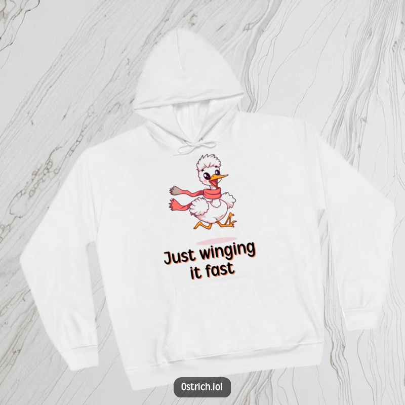 Funny ostrich running with a flowing scarf on a hoodie, a cozy and humorous gift for active people.