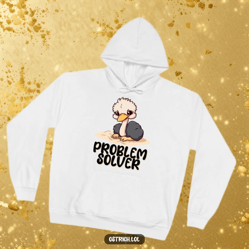 Funny hoodie showcasing an ostrich character dramatically burying its head in soft sand, offering humorous comfort.