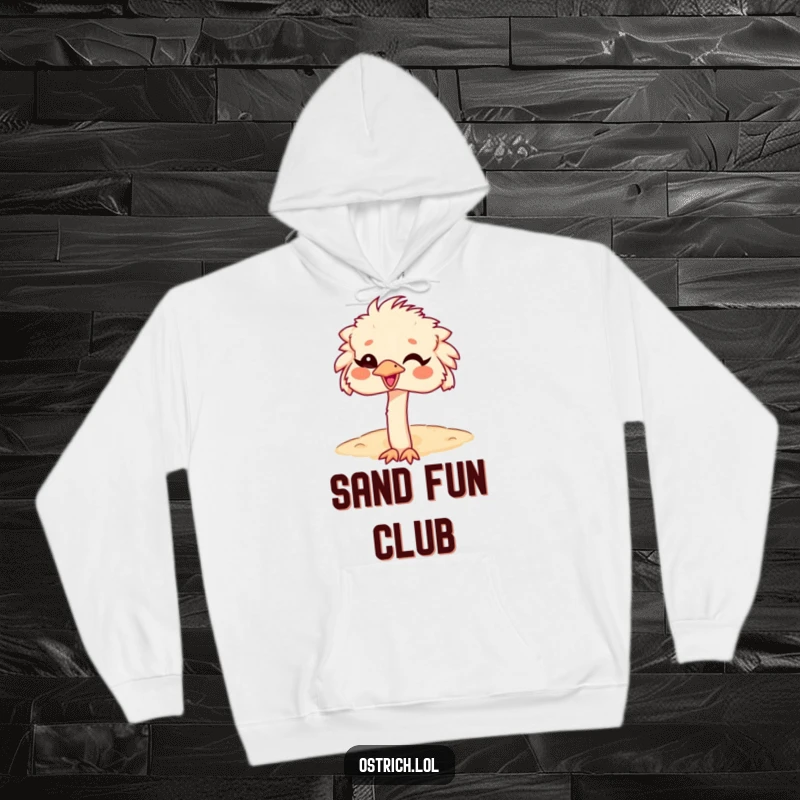 Funny Ostrich Head in Sand Hoodie, a giggling character with its head buried, offering comfort and humor.