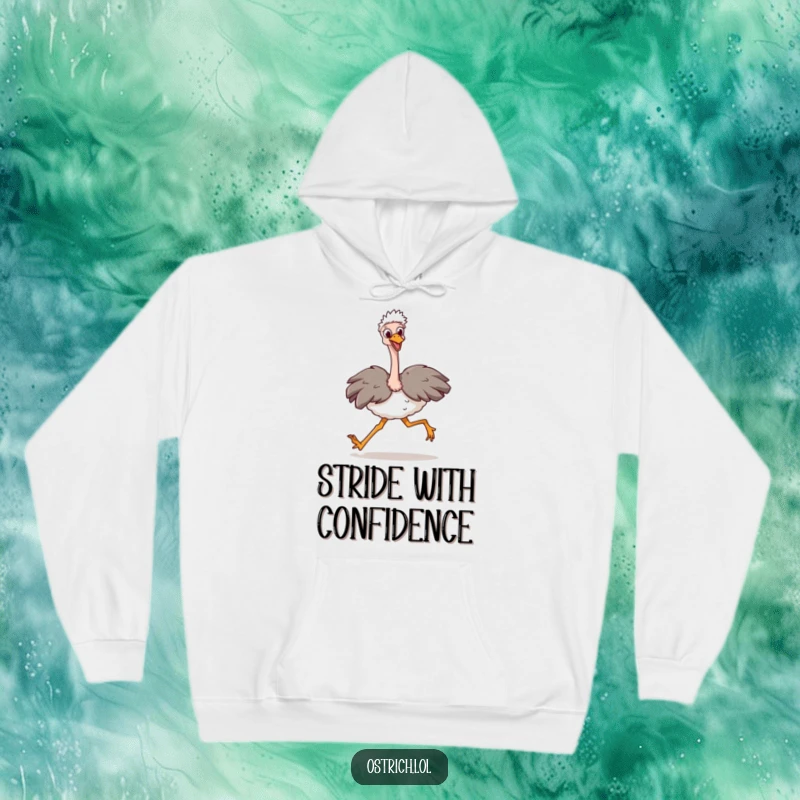 Funny Ostrich Stride Hoodie: A happy ostrich character taking a large stride. Comfortable, warm, and full of motivational spirit.