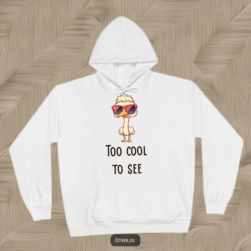 Funny ostrich humorously wearing oversized sunglasses on a hoodie, a cozy and comical funny gift.