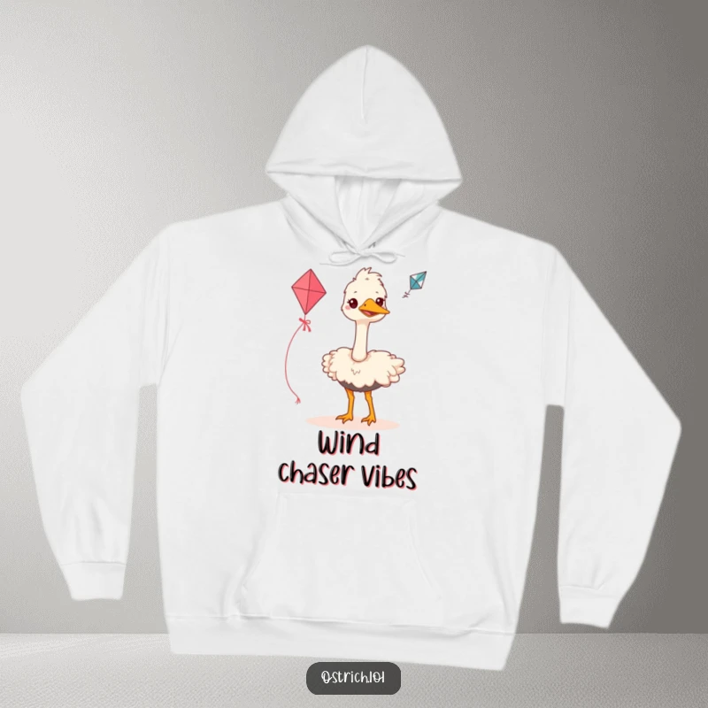 Funny ostrich hoodie featuring a grinning bird focused on flying a small kite, designed for warmth and motivational humor.