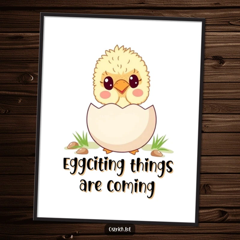 Funny Free Printable Wall Art: An adorable ostrich chick peeking out from behind a large egg, adding sweet whimsy to decor.