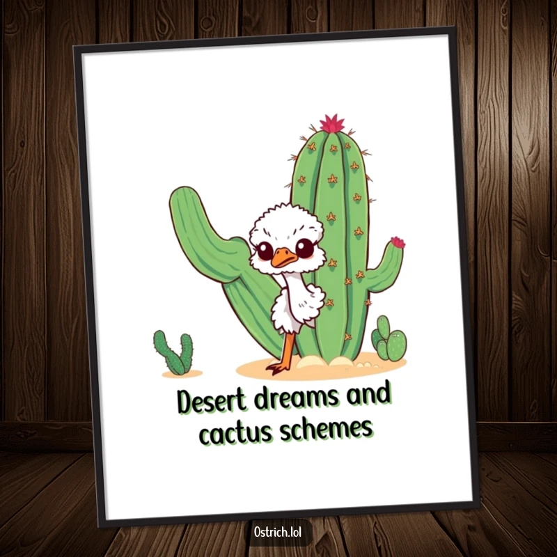 Funny Free Printable Wall Art: A curious ostrich peeking playfully from behind a large desert cactus, adding humor.