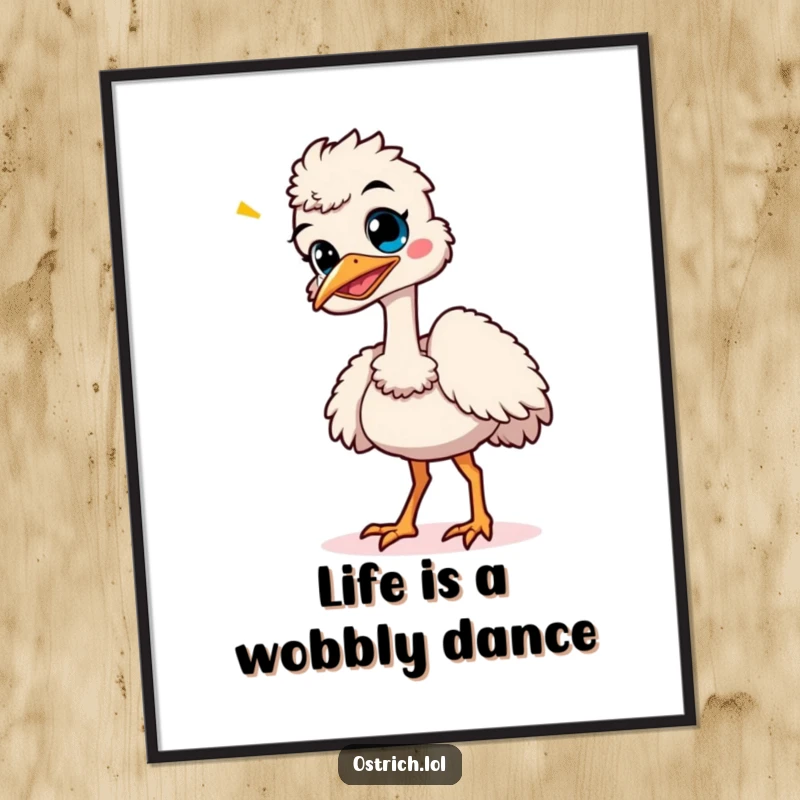 Funny Free Printable Wall Art: A giggling ostrich performing a hilariously silly and wobbly dance, full of life and humor.
