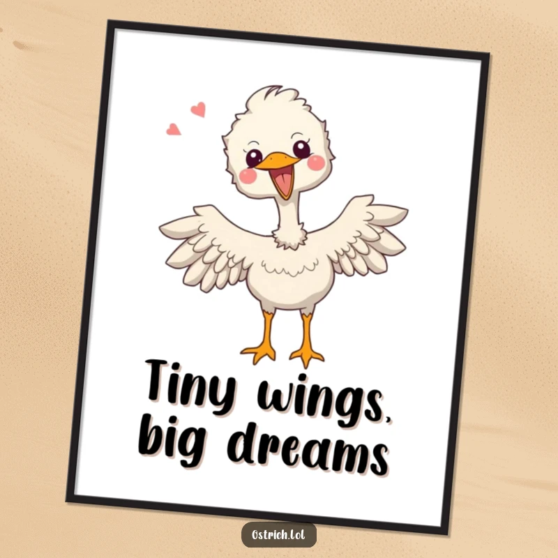 Funny Free Printable Wall Art: Joyful ostrich character flapping its tiny wings energetically with pure excitement.