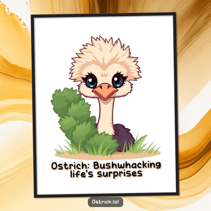 Funny Free Printable Wall Art: Ostrich character playfully peeking from behind a bush. Ideal humorous, downloadable decor for eclectic spaces.