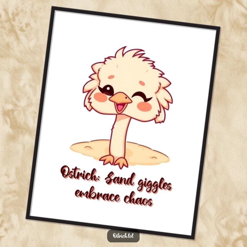 Funny Free Printable Wall Art: Ostrich with head buried in sand, giggling. Ideal humorous, downloadable decor for playful spaces.