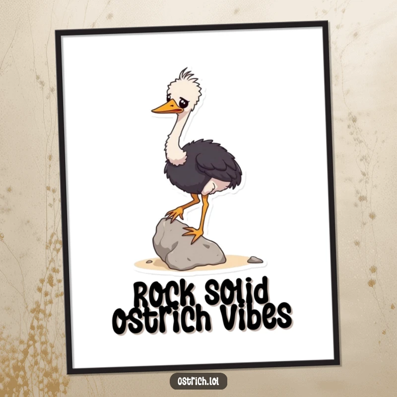 Funny Free Printable Wall Art: Wobbly ostrich character humorously balancing a small rock, a unique and downloadable decor piece.