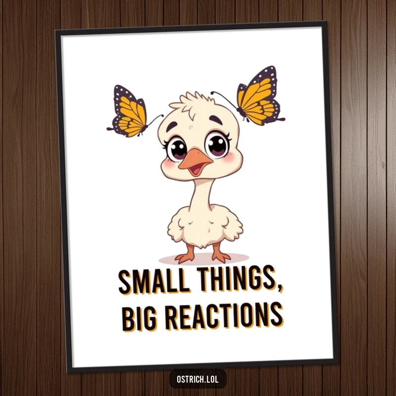 Funny Free Printable Wall Art: Comically surprised ostrich with wide eyes, startled by a butterfly, adding humor.
