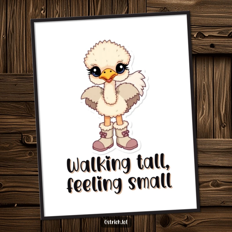 Funny Free Printable Wall Art: A baby ostrich confidently walks in oversized boots, a humorous and adorable piece of downloadable art for any room.