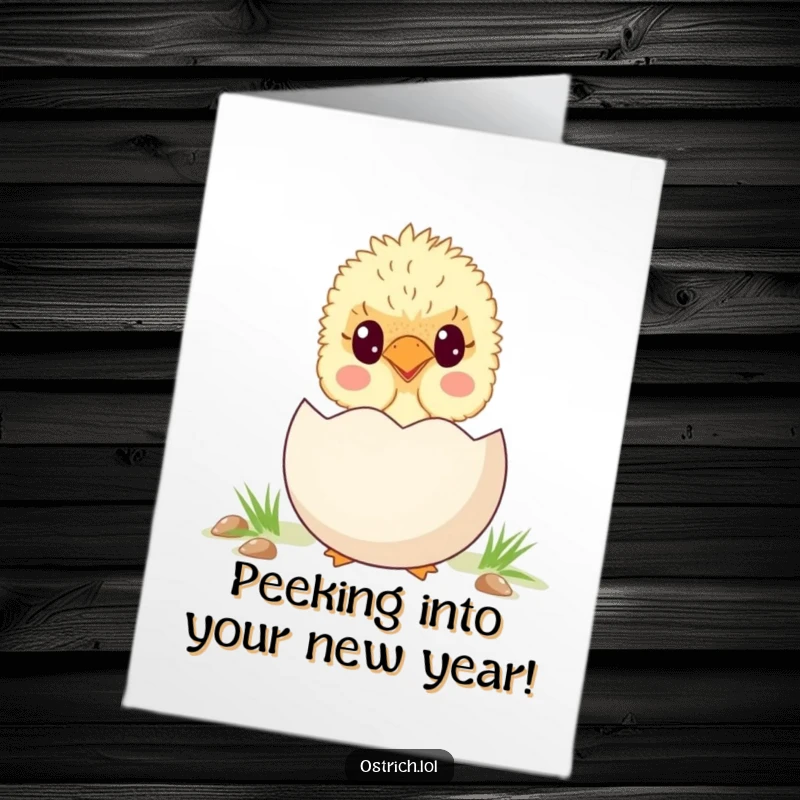 Adorable Free Printable Birthday Card featuring a little ostrich chick peeking curiously from behind a giant egg, ready for birthday fun.