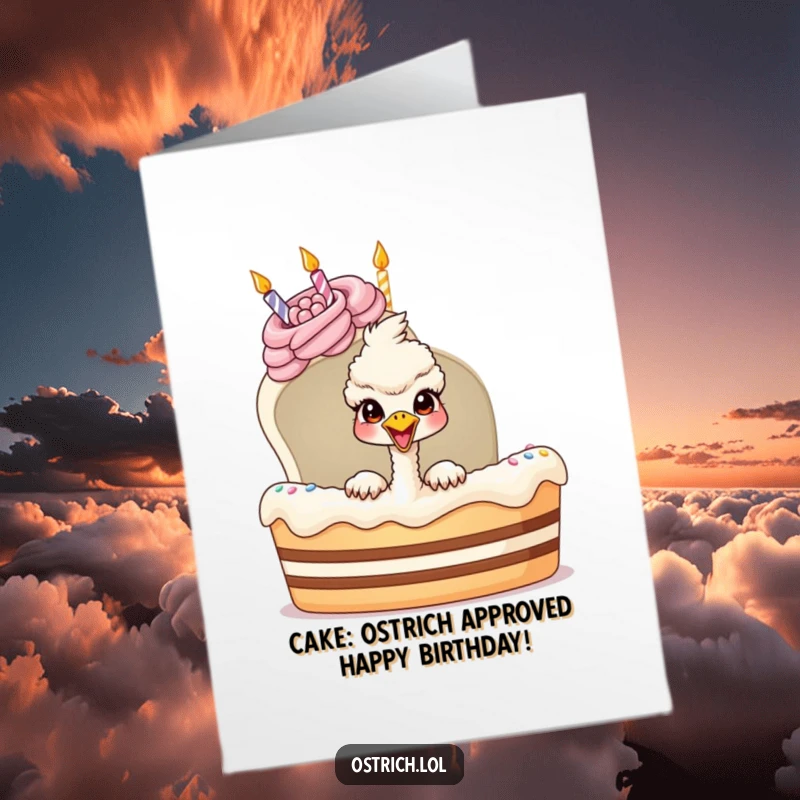 Funny free printable birthday card featuring a happy ostrich peeking out of a giant cake with a surprised expression.
