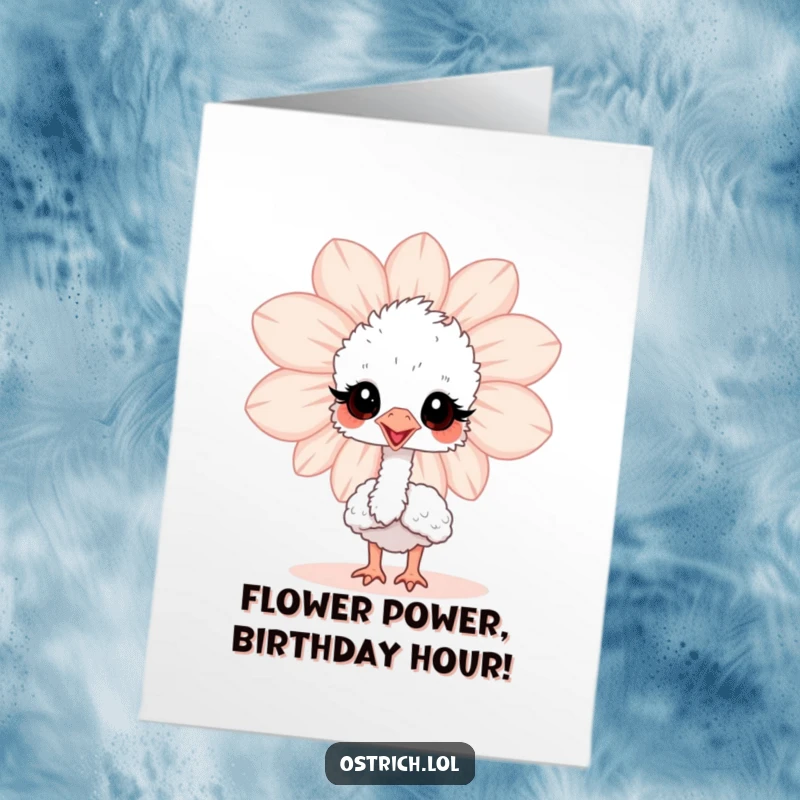 Funny Free Printable Birthday Card: Baby ostrich peeking playfully from behind a GIANT flower, bringing birthday cheer.