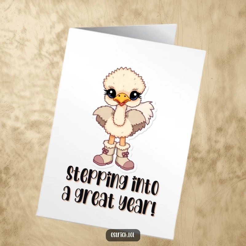 Funny Free Printable Birthday Card: A baby ostrich struts in comically oversized boots, ready to stomp its way to a happy birthday celebration.