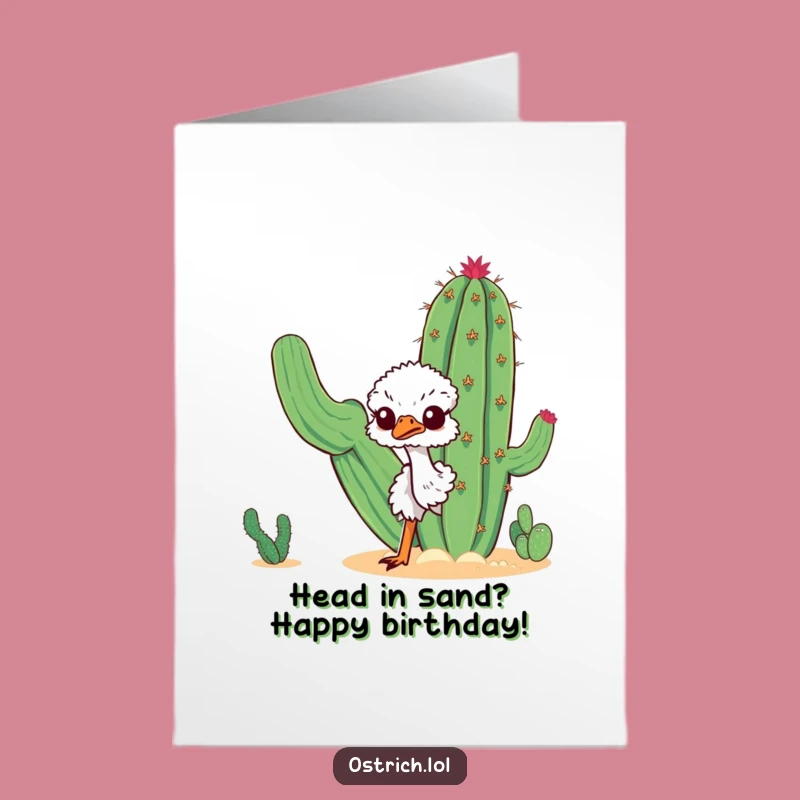 Free Printable Birthday Card: Curious Ostrich Hiding with Cactus Fun