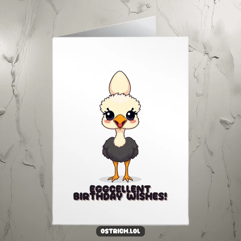 Funny Free Printable Birthday Card: Ostrich precariously balances an egg on its head, wobbly and determined for a fun celebration.