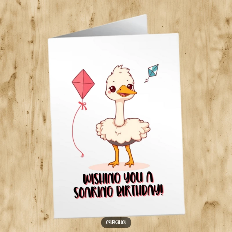 Funny Free Printable Birthday Card: A grinning ostrich enthusiastically tries to fly a small kite, embracing adventure.
