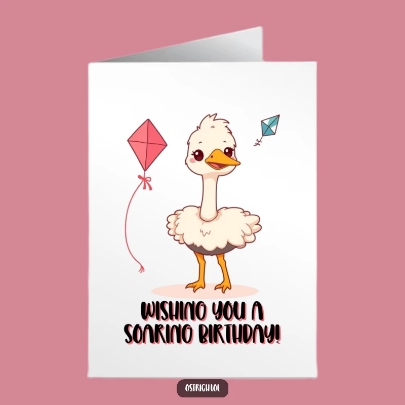 Free Printable Birthday Card: Ostrich Flying Kite, Funny Adventure Download