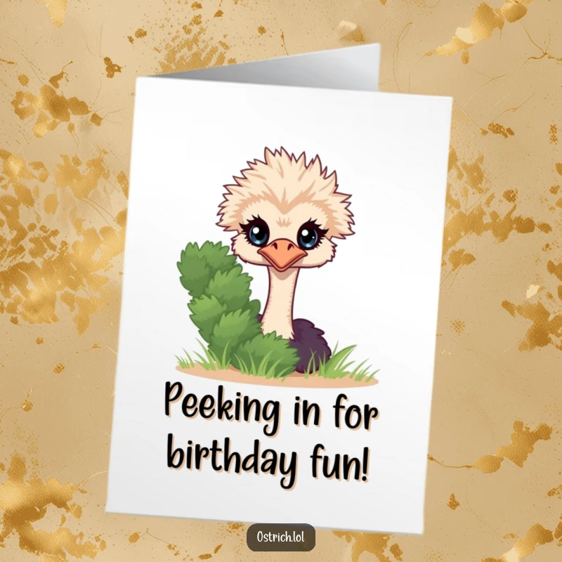 Funny Free Printable Birthday Card: Ostrich character peeking mischievously from behind a bush. A delightful, downloadable surprise greeting.