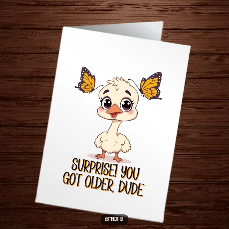 Funny Free Printable Birthday Card: Ostrich with wide eyes, comically startled by a delicate butterfly, perfect for laughs.