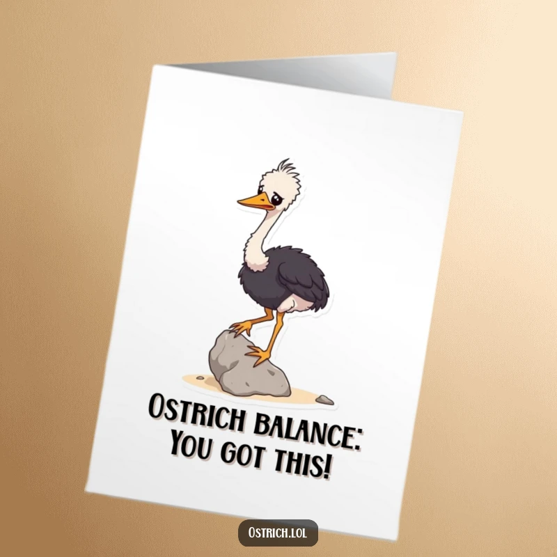 Funny Free Printable Birthday Card: Wobbly ostrich character humorously balancing a small rock, ready to bring birthday cheer.