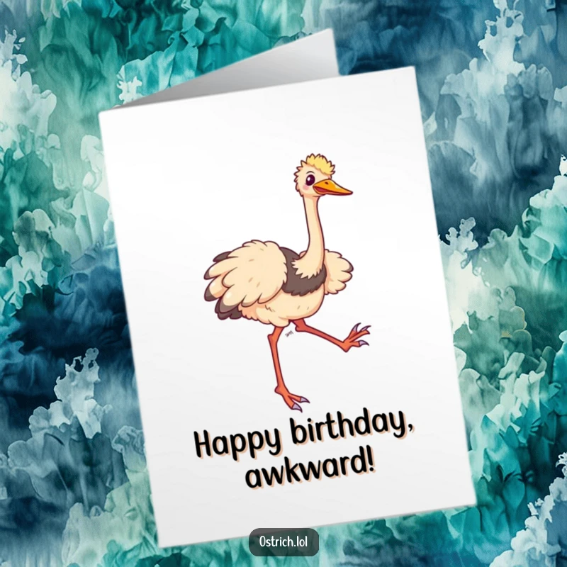 Free Printable Birthday Card: A comical ostrich trips and flails its long legs happily, wishing a funny birthday.