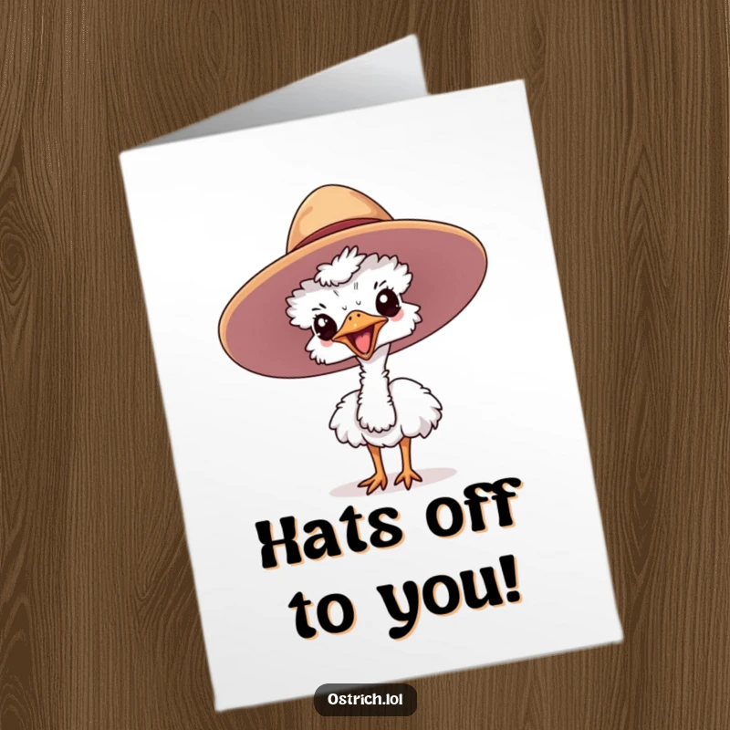 Free Printable Birthday Card: A cute ostrich joyfully peeks its head out from under a large hat, wishing happy birthday.